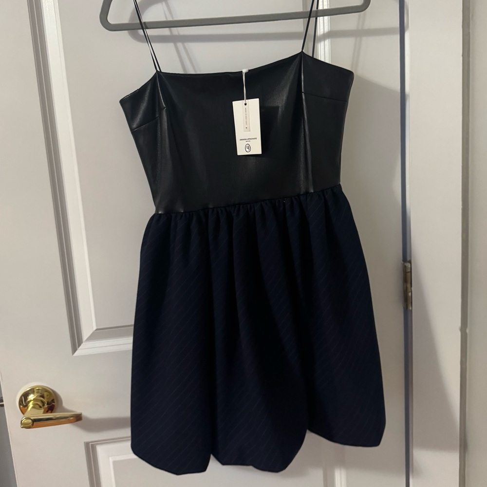 NWT Amanda Uprichard Strapless Leather top Bubble hem navy dress
